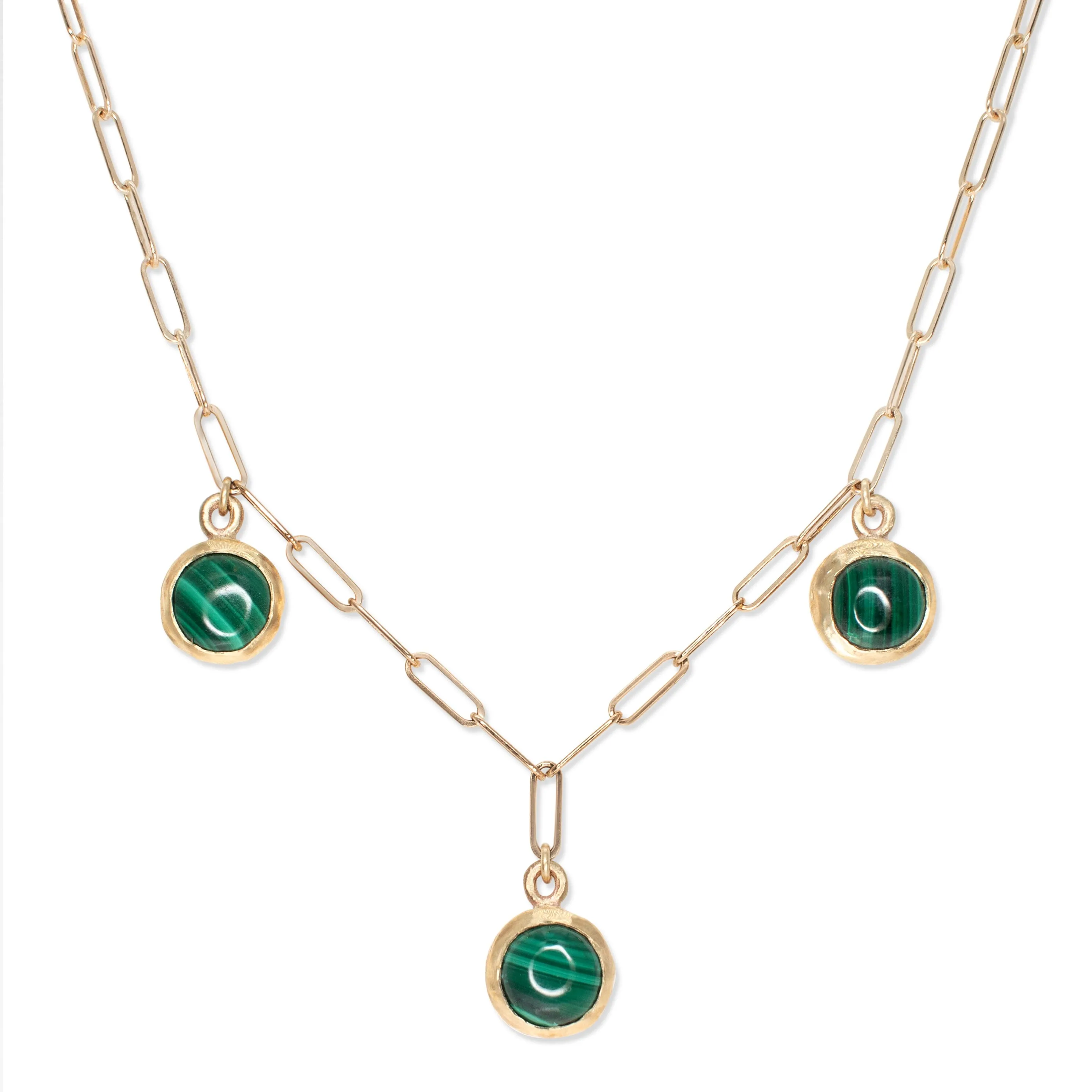 10K Semi-Precious Three Stone Drop Necklace in Malachite