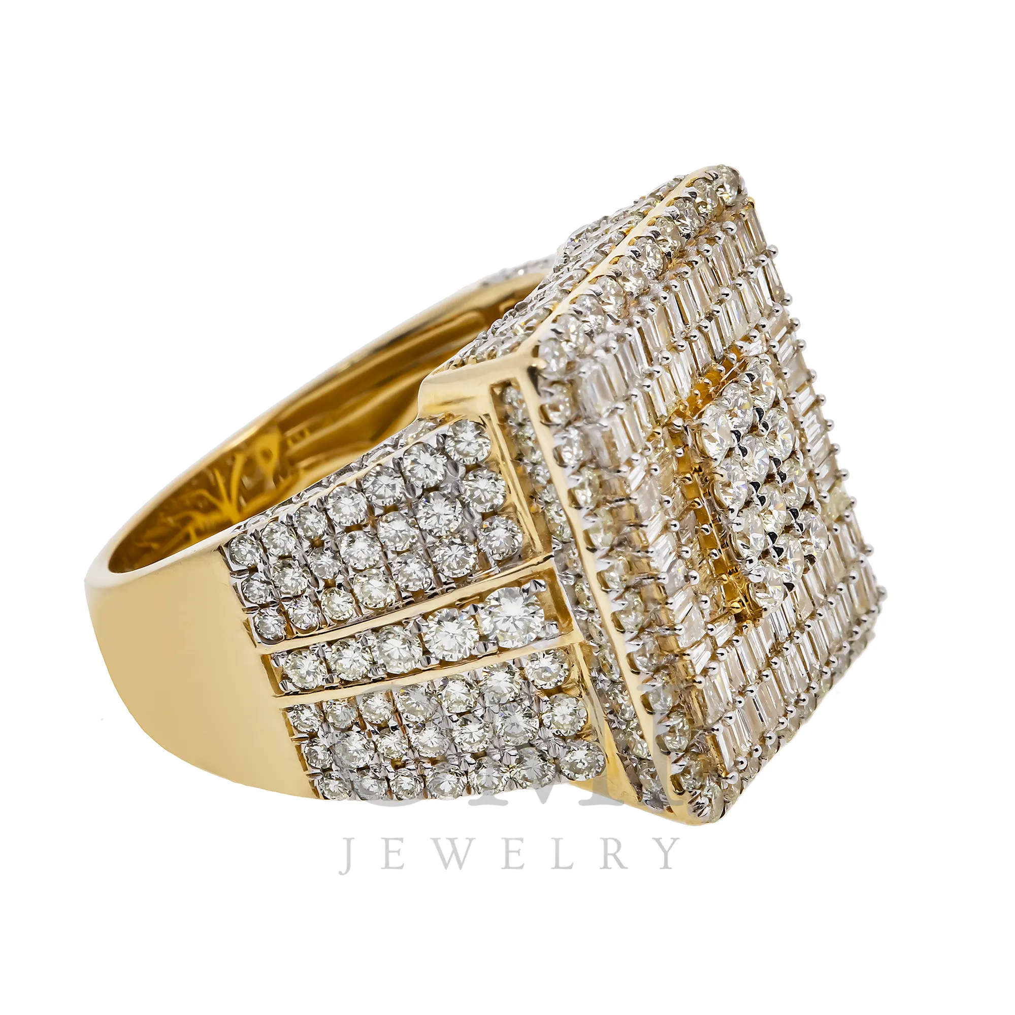 14K GOLD BAGUETTE AND ROUND DIAMOND CLUSTER SQUARE STATEMENT RING 5.11 CTW