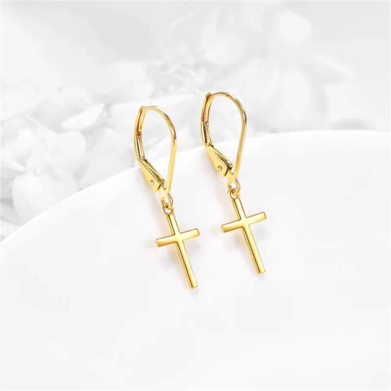 14K Solid Gold Cross Dangle Drop Leverback Earrings Jewelry for Women