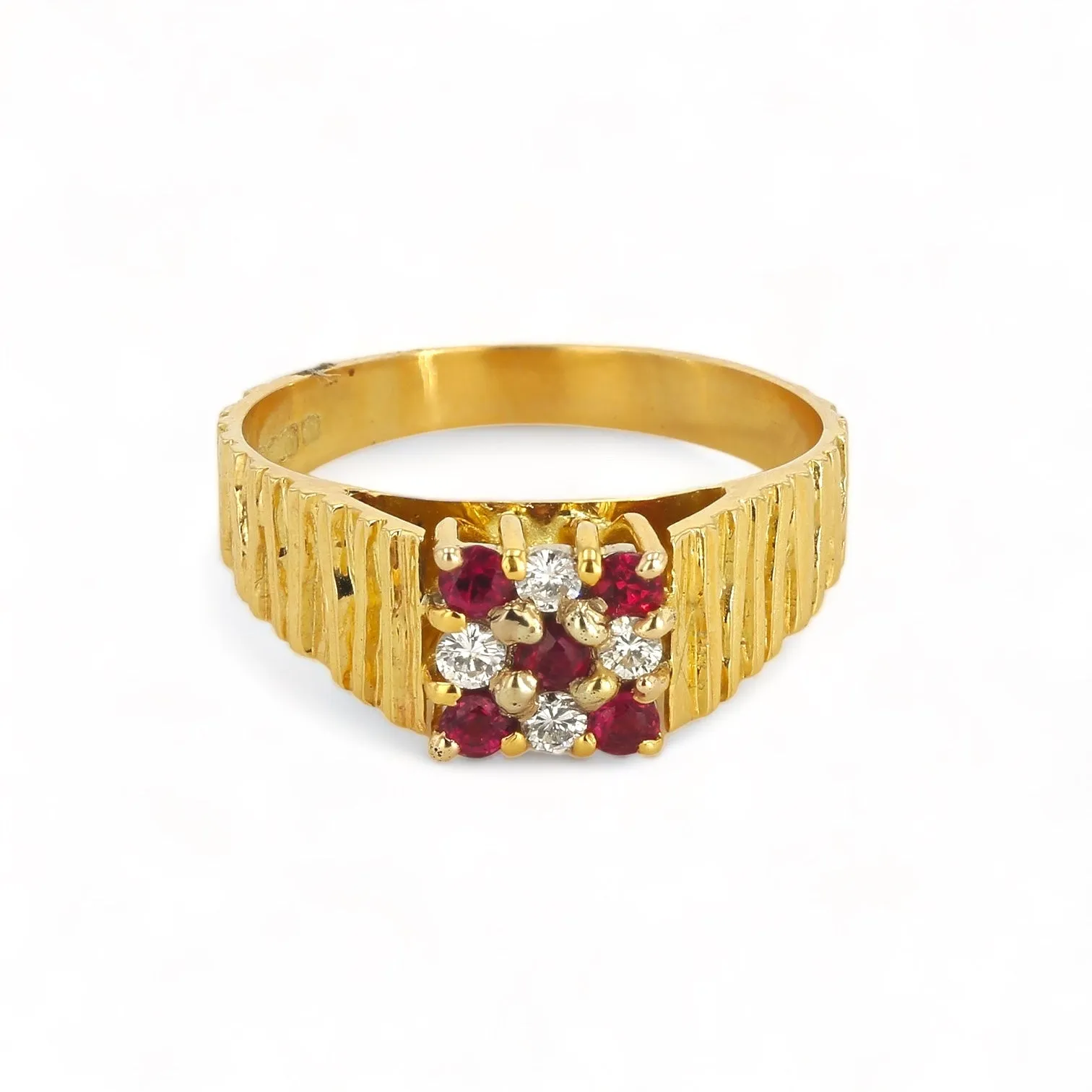 14K Yellow gold  ruby and diamonds nugget texture ring-10487