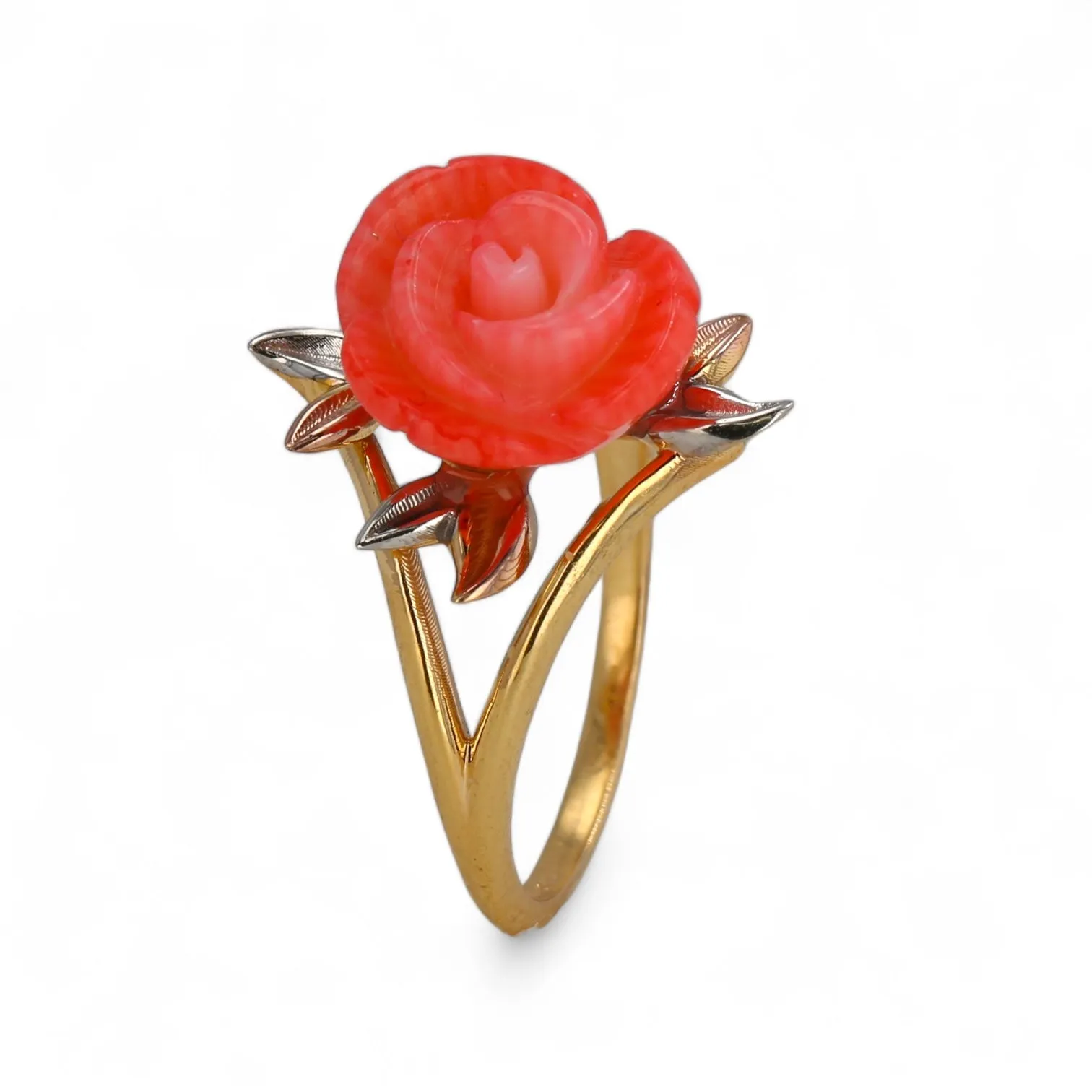 14K Yellow gold solid red coral handcrafted ring-5383994