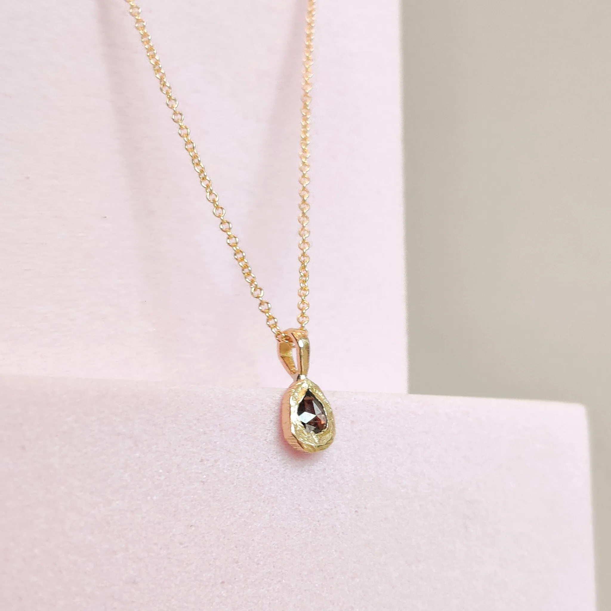 18K Diamond Solitaire Necklace - Cognac Teardrop