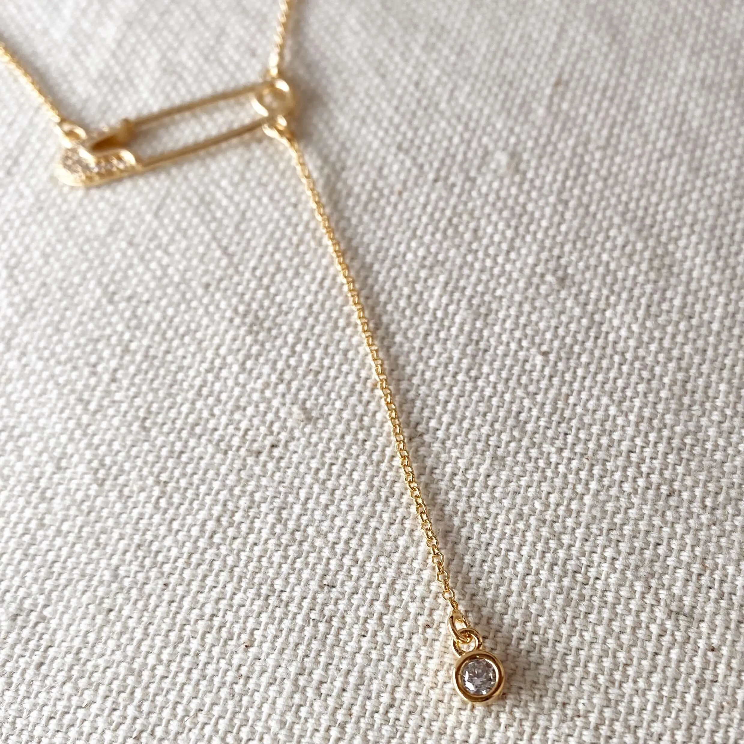 18k Gold Filled Safety Pin Necklace Featuring Cubic Zirconia Accents