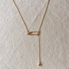 18k Gold Filled Safety Pin Necklace Featuring Cubic Zirconia Accents