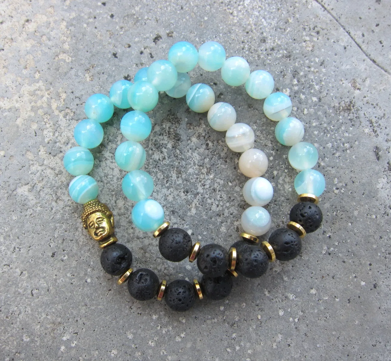 2 piece set - Natural Lava Stone and Teal Blue Agate Mala Bracelets