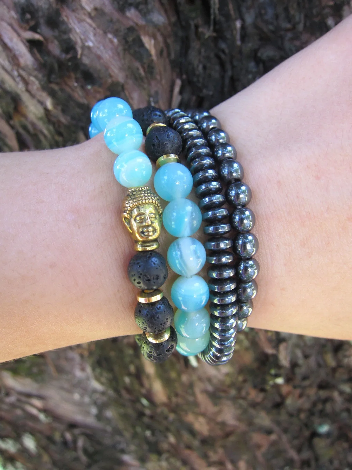 2 piece set - Natural Lava Stone and Teal Blue Agate Mala Bracelets