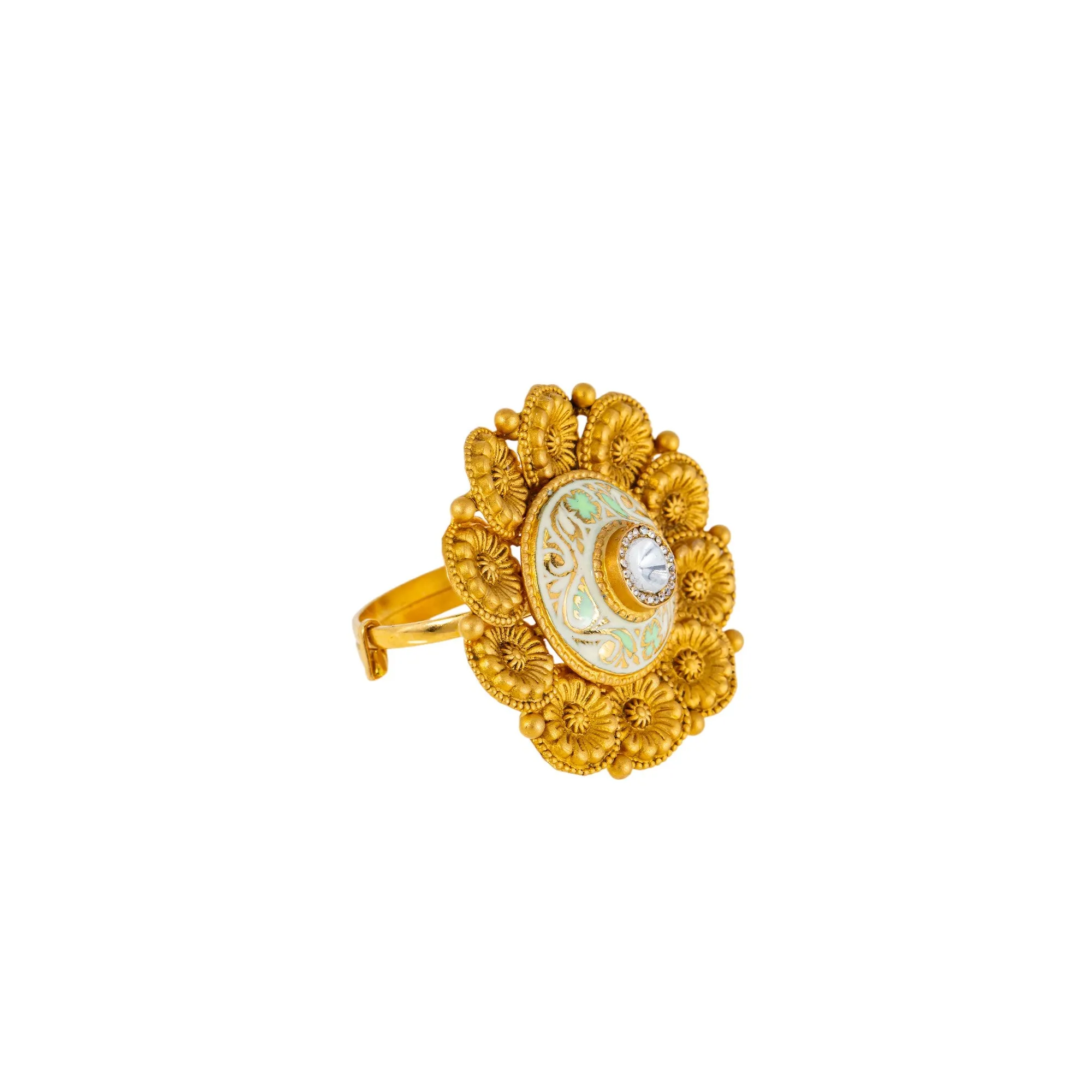 22K Antique Gold, CZ & Kundan Cocktail Ring (7.4gm)