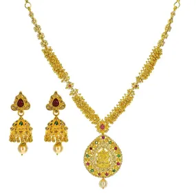 22K Yellow Gold Uncut Diamond Temple Necklace Set W/ 6.46ct Uncut Diamonds, Rubies, Emeralds, Pearls & Laxmi Pendants