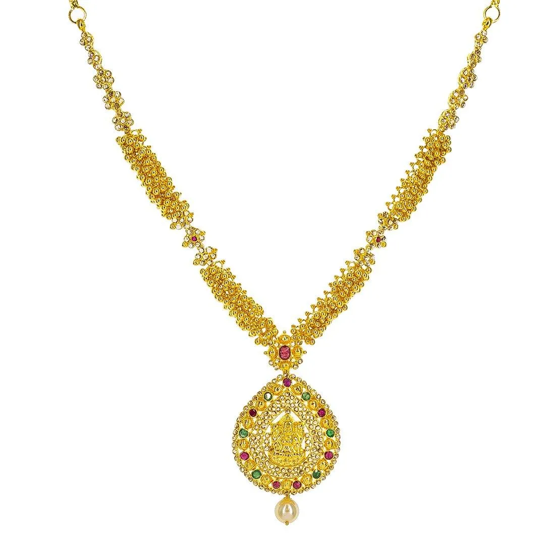 22K Yellow Gold Uncut Diamond Temple Necklace Set W/ 6.46ct Uncut Diamonds, Rubies, Emeralds, Pearls & Laxmi Pendants