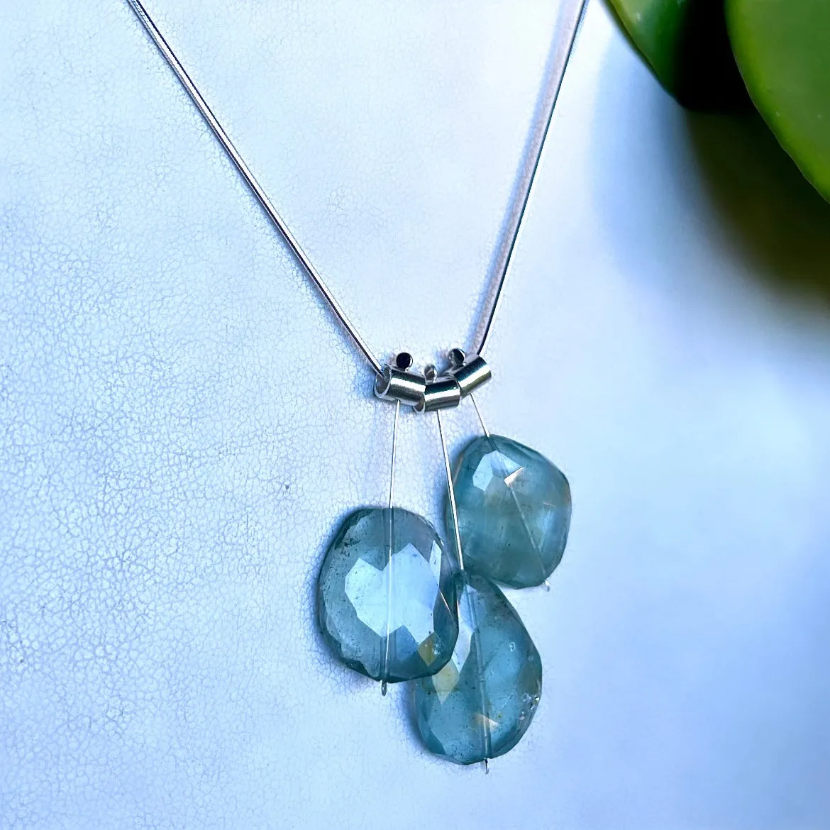 3 Petal Pivot large moss aquamarines necklace