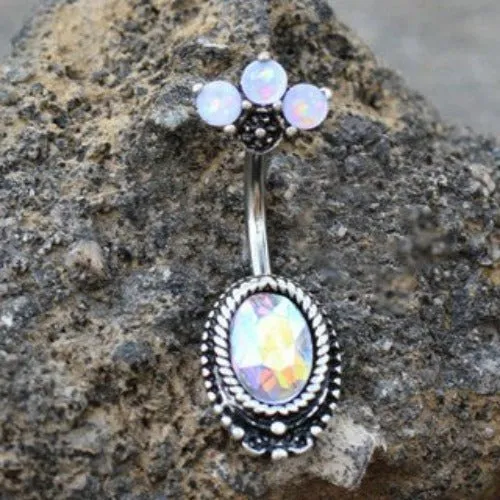 316L Surgical Steel Aurora Borealis CZ Navel Ring with Opal Fan Top