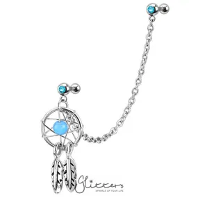 316L Surgical Steel Chain Linked Dangle Dream Catcher with Double Gemmed Tragus/Ear Cuffs