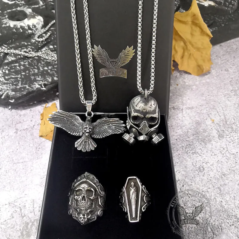 4 Pcs Rings and Pendants Skull Jewelry Set