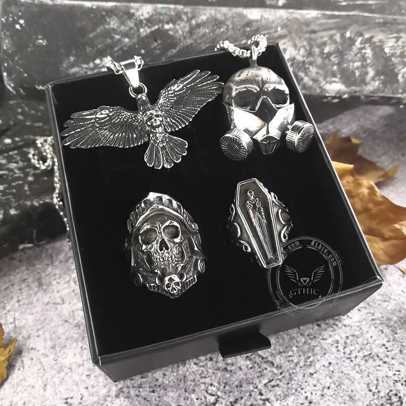 4 Pcs Rings and Pendants Skull Jewelry Set