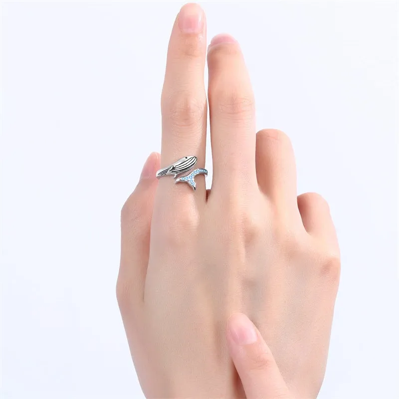 925 Sterling Silver Whale Adjustable Ring for Women Sea Animals Fish Open Ring Christmas Jewelry Gift for Women