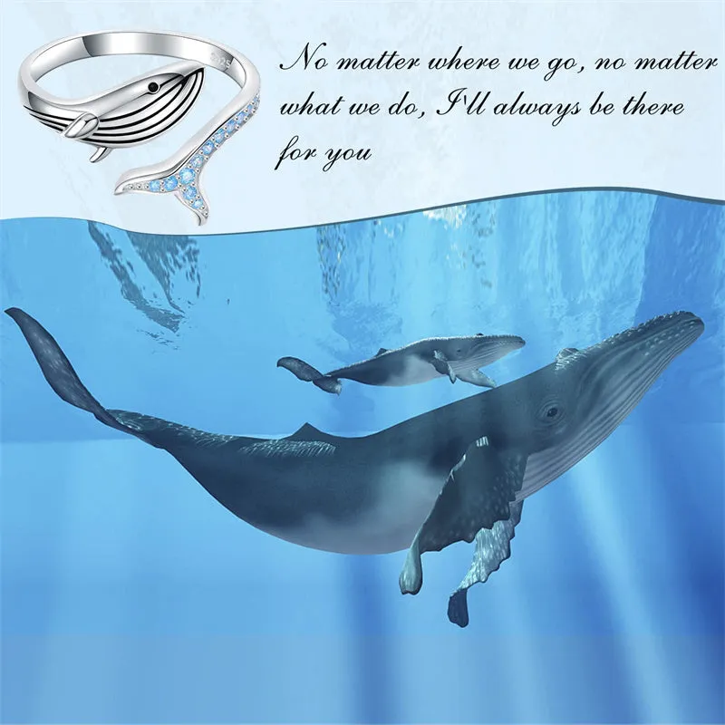 925 Sterling Silver Whale Adjustable Ring for Women Sea Animals Fish Open Ring Christmas Jewelry Gift for Women