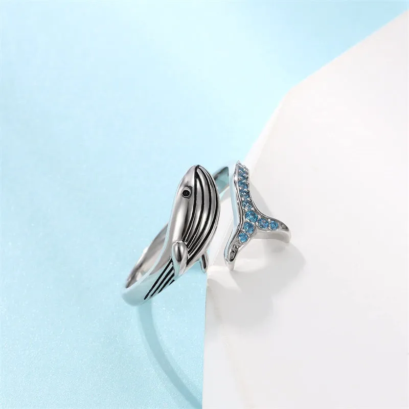 925 Sterling Silver Whale Adjustable Ring for Women Sea Animals Fish Open Ring Christmas Jewelry Gift for Women