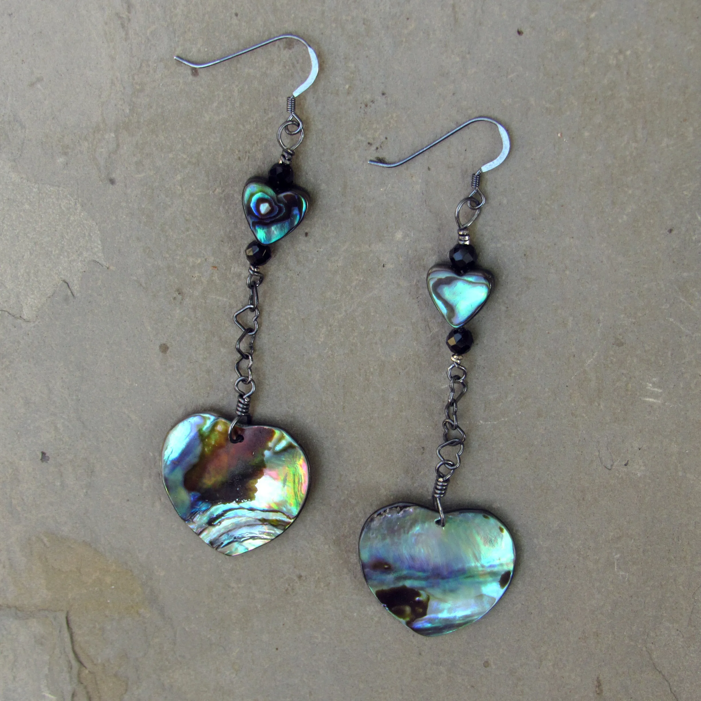 Abalone Hearts, Black Spinel gemstones, and Oxidized Sterling Silver Drop Earrings