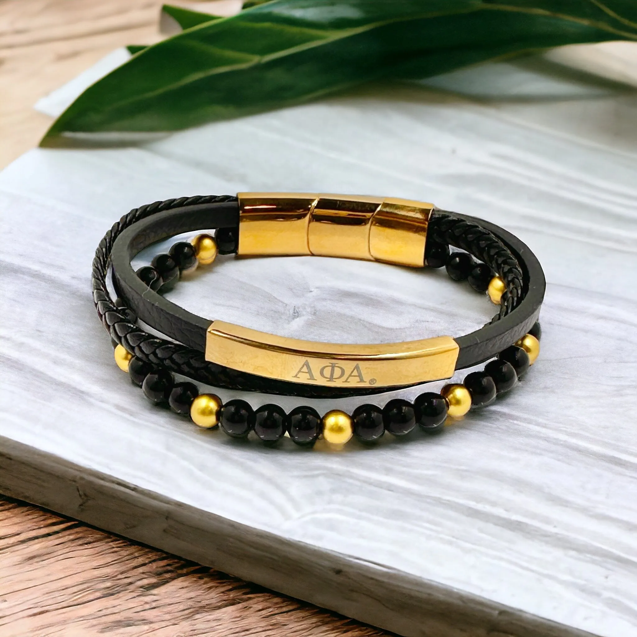 Alpha Phi Alpha Custom Leather and Bead Bracelet