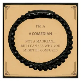 Badass Comedian Gifts, I'm Comedian not a magician, Sarcastic Stone Leather Bracelets for Comedian Birthday Christmas for  Men, Women, Friends, Coworkers