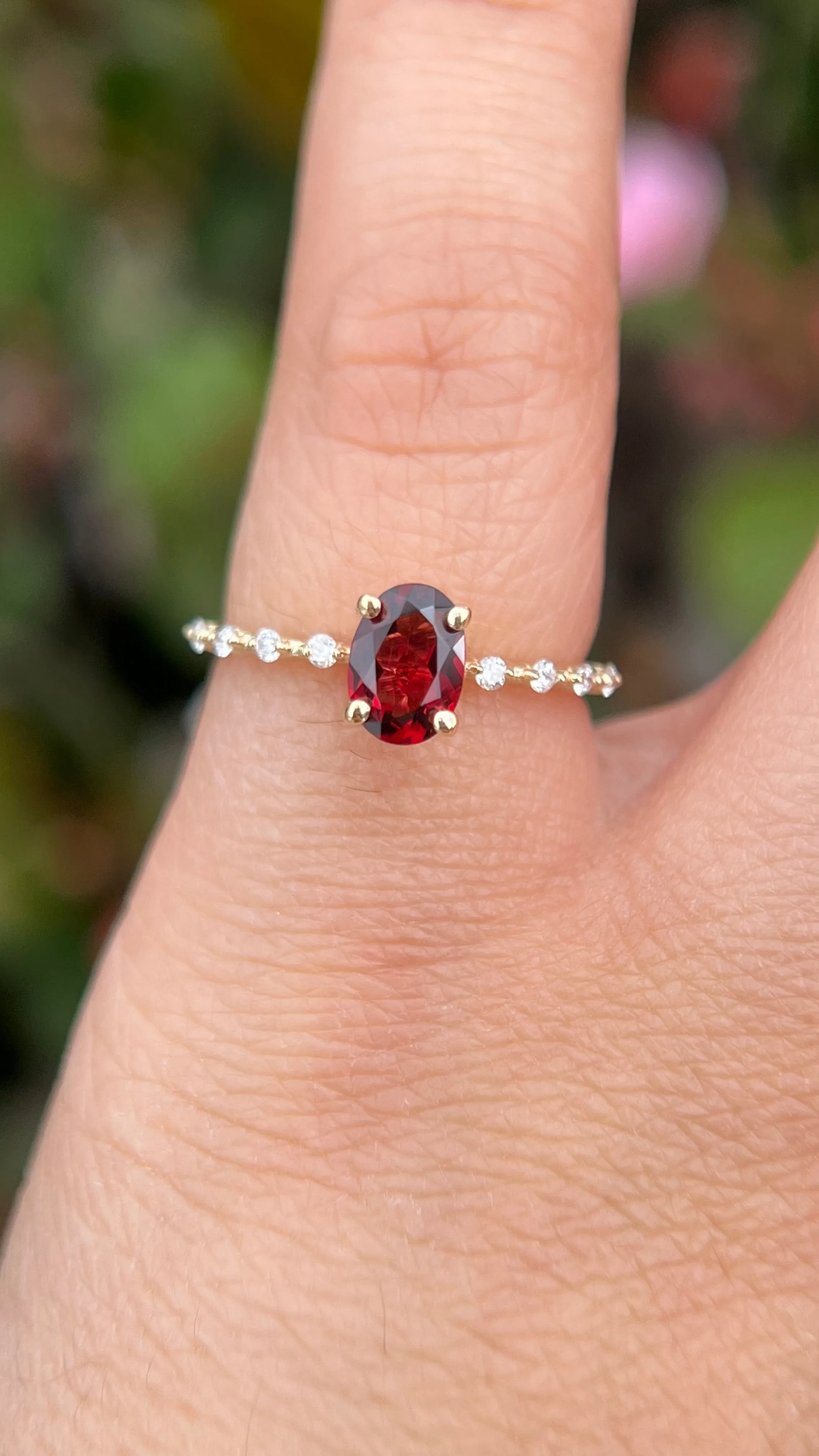 Bella 7x5mm 0.85ct Oval Garnet Spaced Diamond Ring 14K Gold DFR048