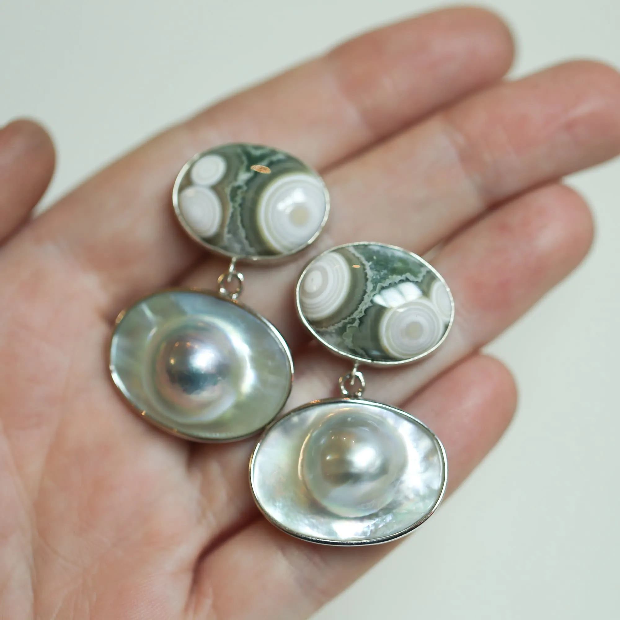 BIG Ocean Jasper Posts - Blister Pearl Drop Earrings - Silversmith Post Earrings