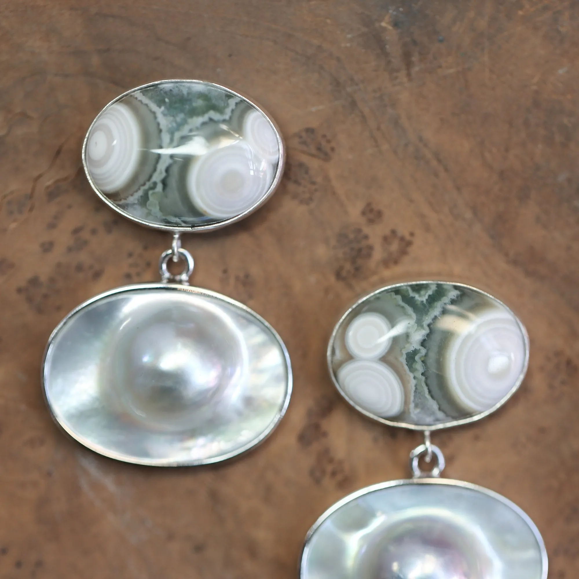 BIG Ocean Jasper Posts - Blister Pearl Drop Earrings - Silversmith Post Earrings