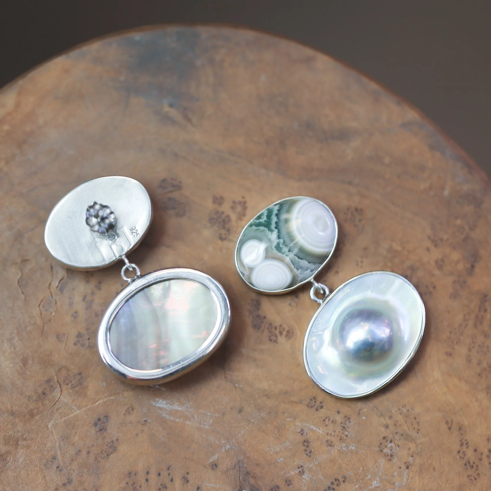 BIG Ocean Jasper Posts - Blister Pearl Drop Earrings - Silversmith Post Earrings