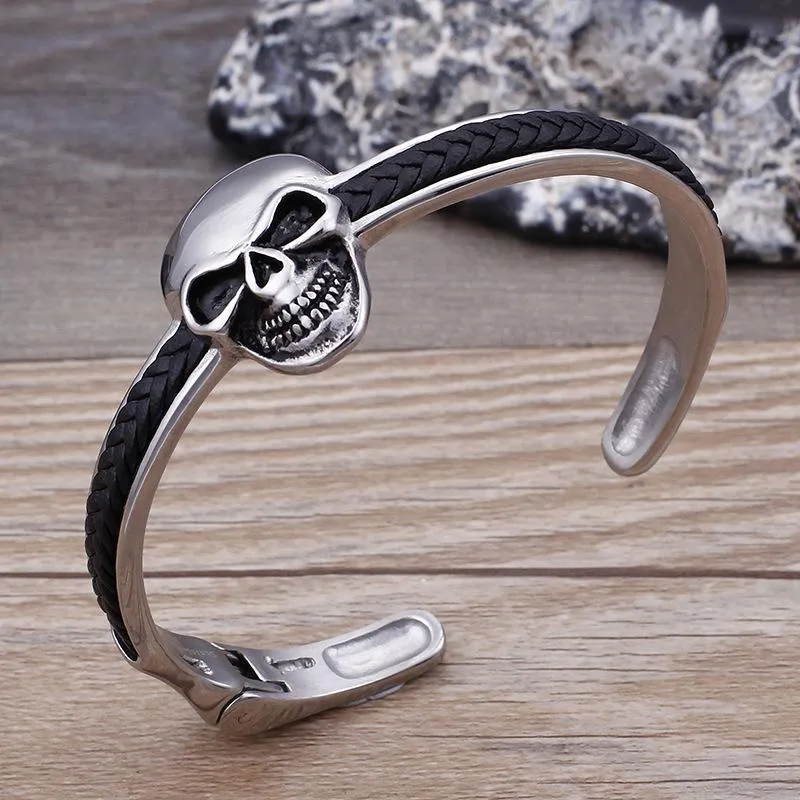 Black Braided Leather on Stainless Steel Skull