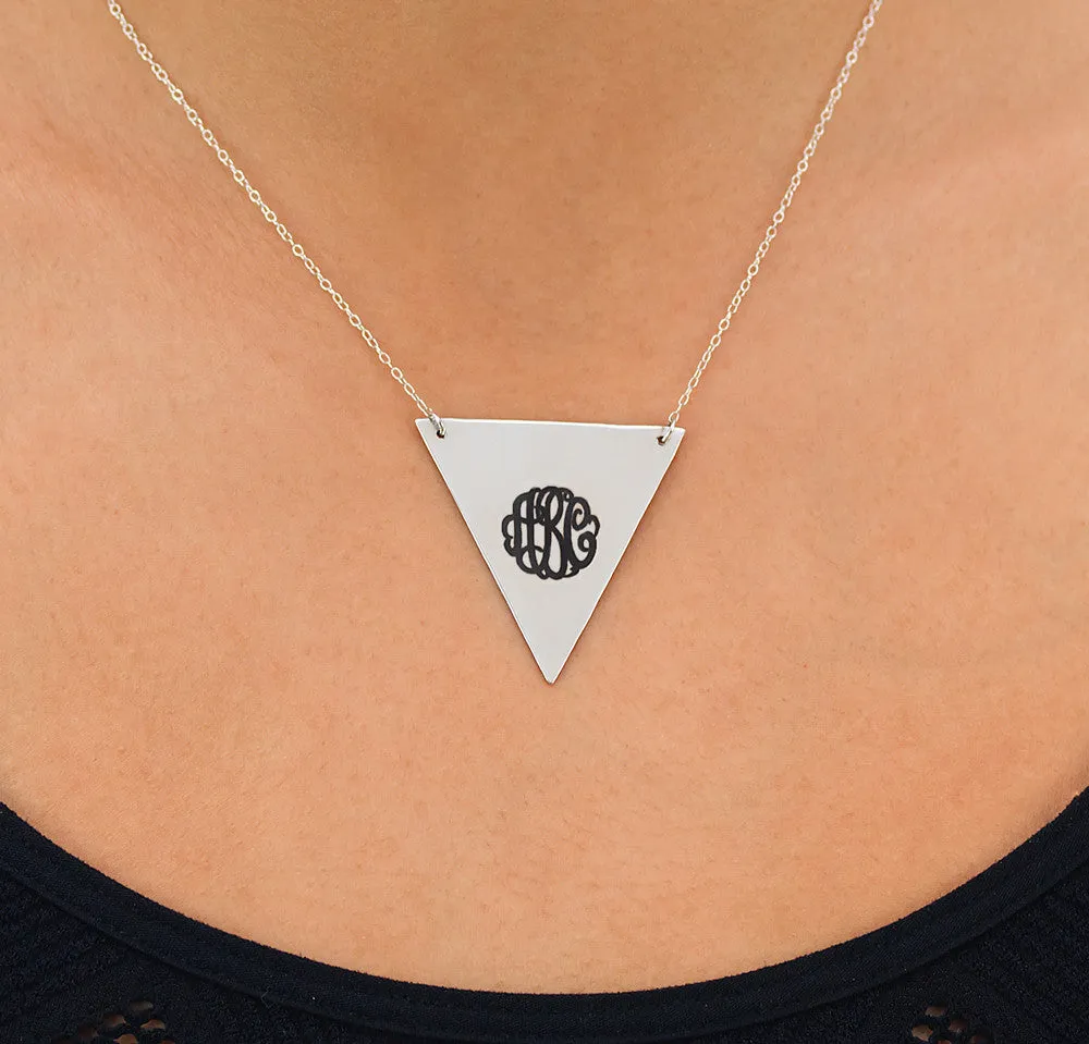 Black Letter Engraved Triangle Monogram Necklace