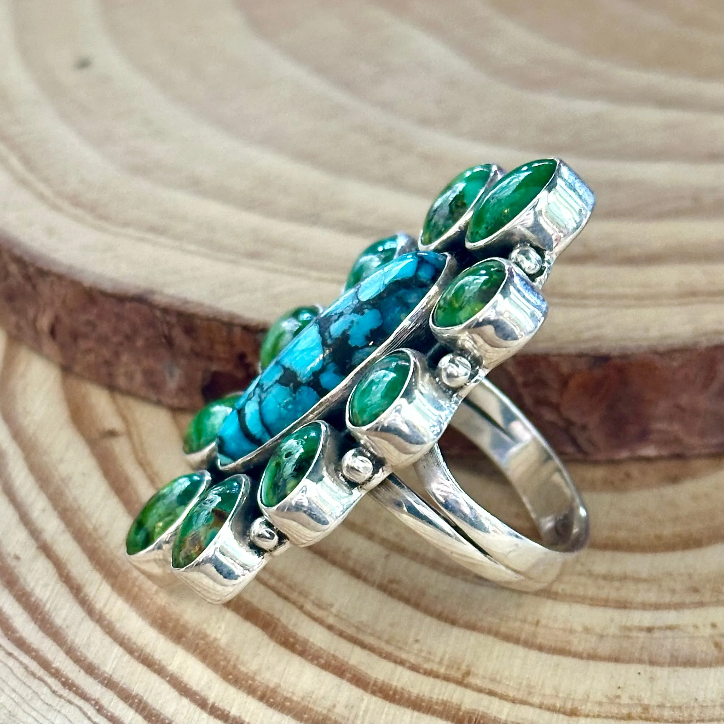 BLOOMING FLOWER Sterling Silver Blue & Green Turquoise Cluster Ring  Sizes 7 & 9 1/4