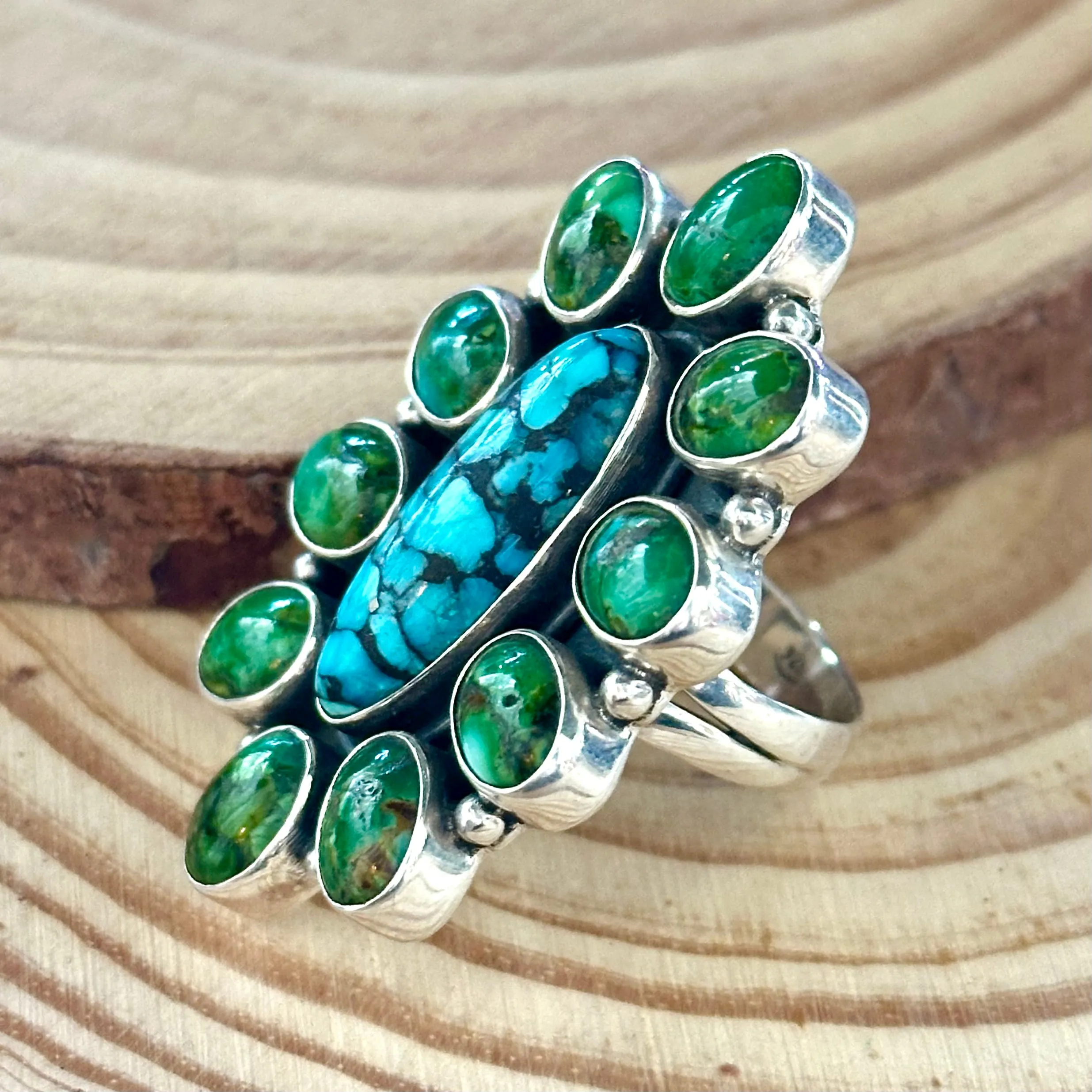 BLOOMING FLOWER Sterling Silver Blue & Green Turquoise Cluster Ring  Sizes 7 & 9 1/4