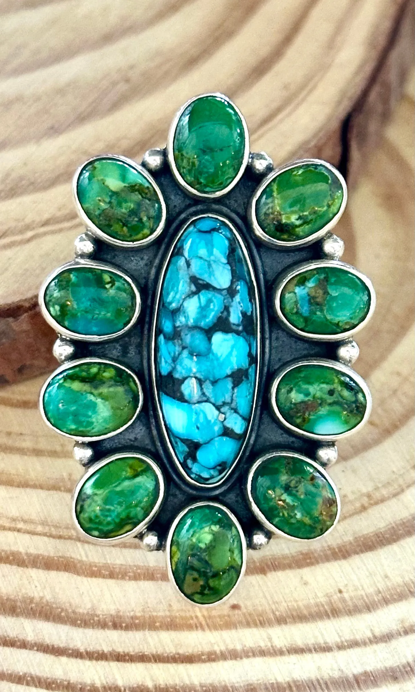 BLOOMING FLOWER Sterling Silver Blue & Green Turquoise Cluster Ring  Sizes 7 & 9 1/4