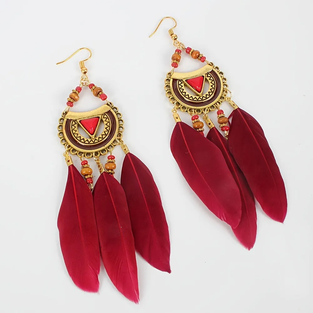 Boho Style Feather Drop Earrings for Summer Beach Surfing Jewelry