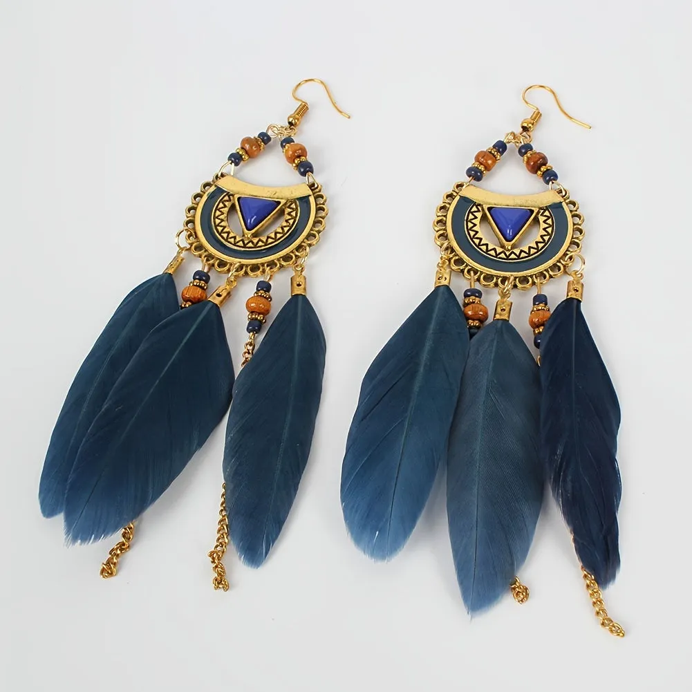 Boho Style Feather Drop Earrings for Summer Beach Surfing Jewelry