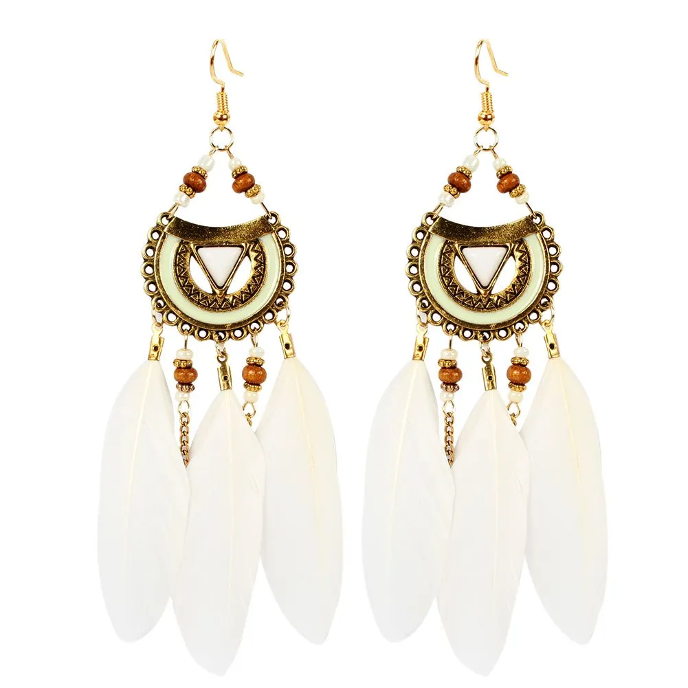 Boho Style Feather Drop Earrings for Summer Beach Surfing Jewelry