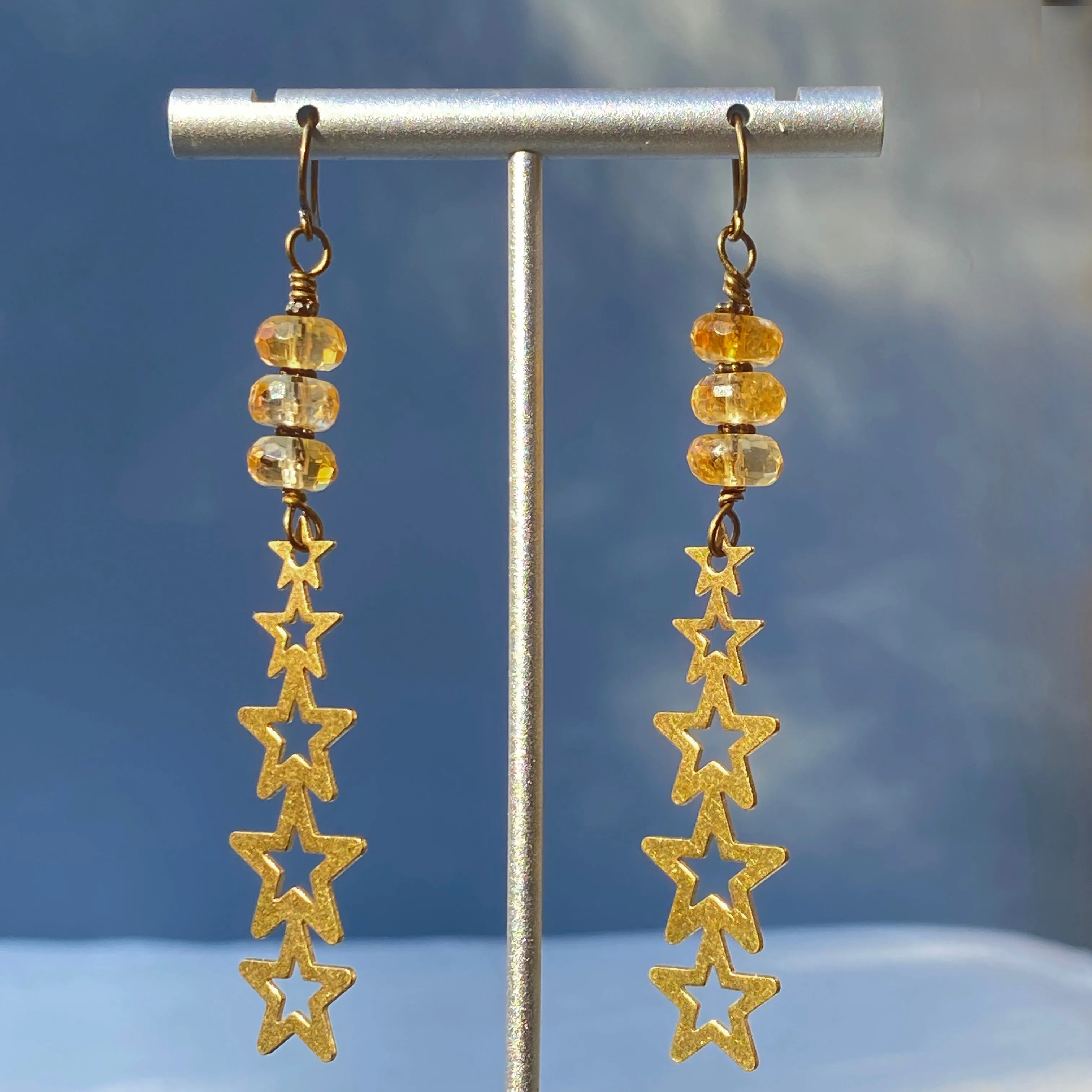 Brass Stars and Genuine Citrine gemstone earrings