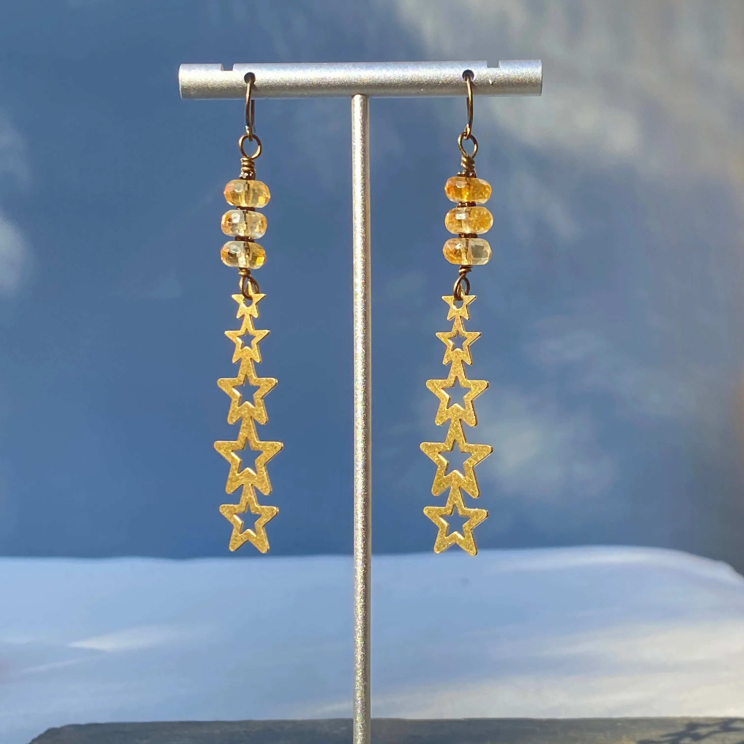 Brass Stars and Genuine Citrine gemstone earrings