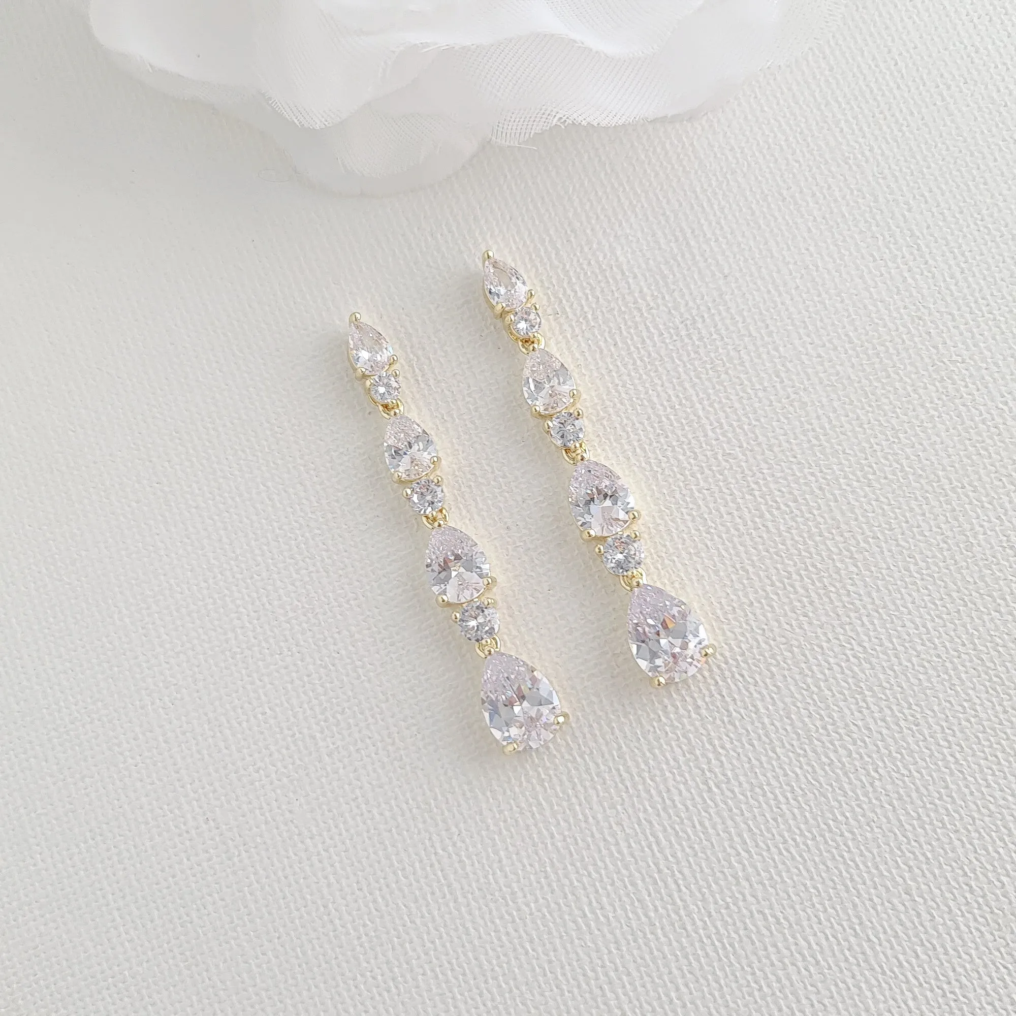 Bridal Drop Earrings in Rose Gold with Small CZ Teardrops-Hazel