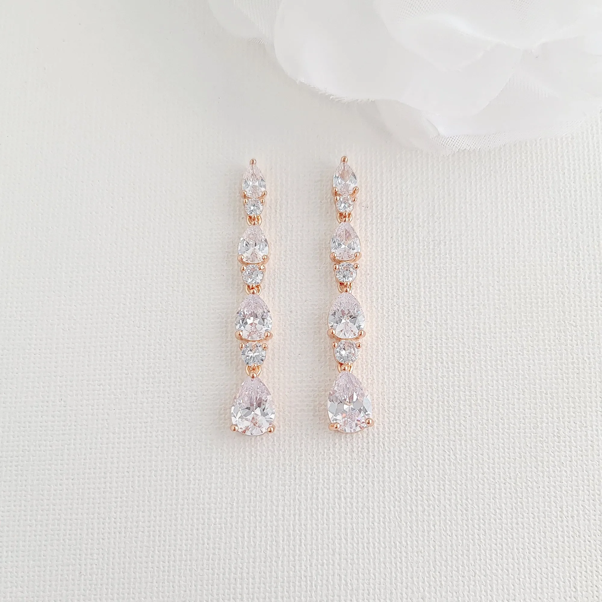 Bridal Drop Earrings in Rose Gold with Small CZ Teardrops-Hazel