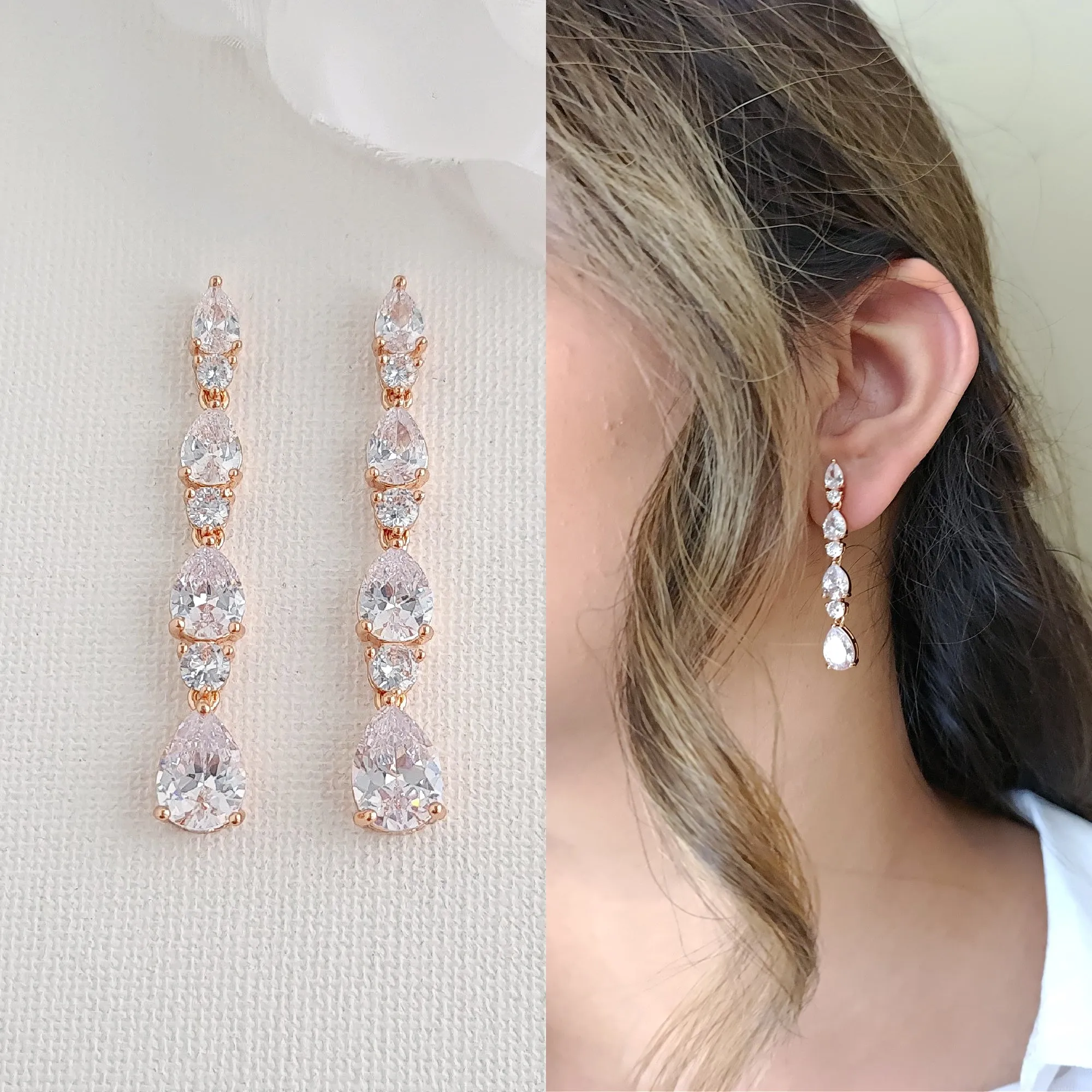 Bridal Drop Earrings in Rose Gold with Small CZ Teardrops-Hazel