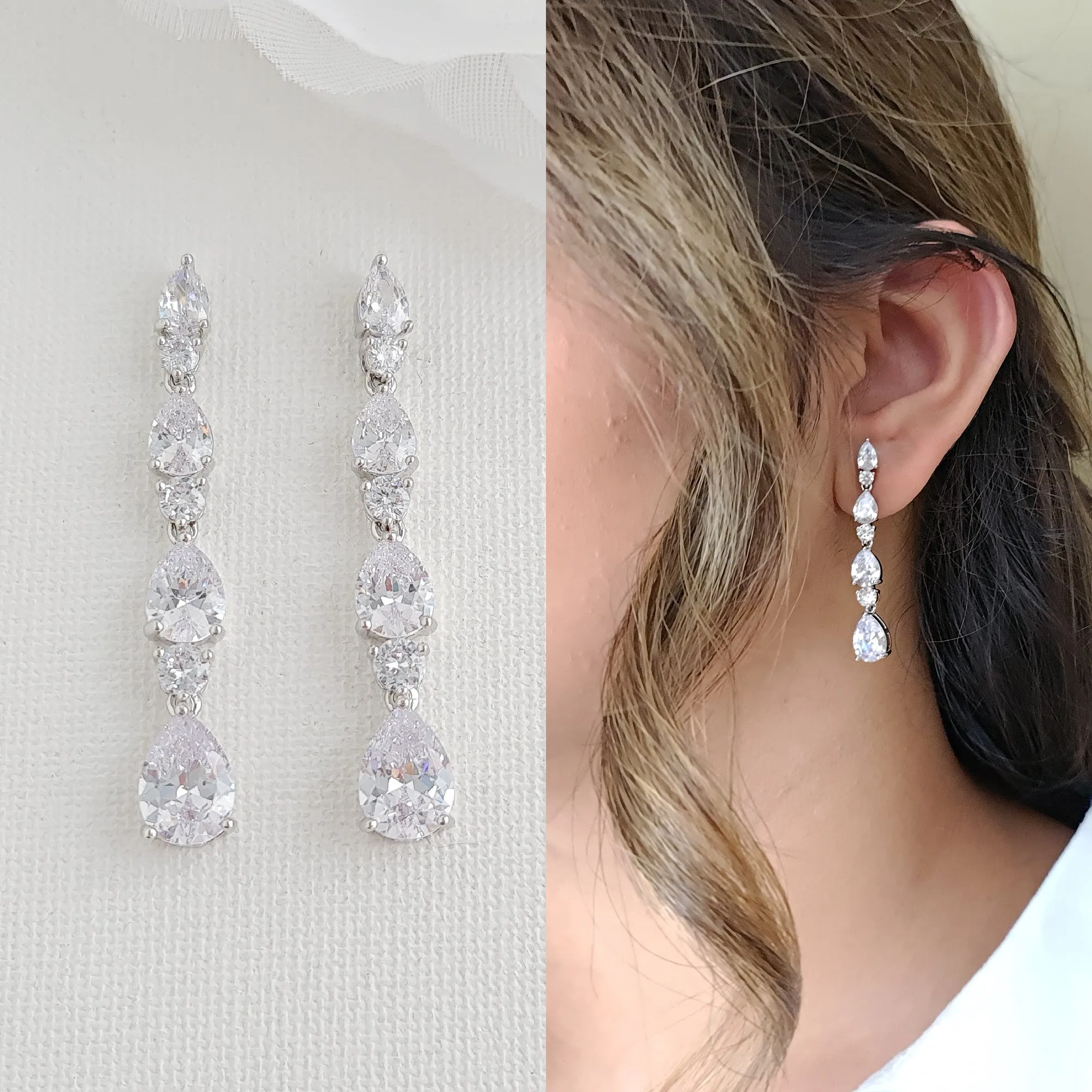 Bridal Drop Earrings in Rose Gold with Small CZ Teardrops-Hazel