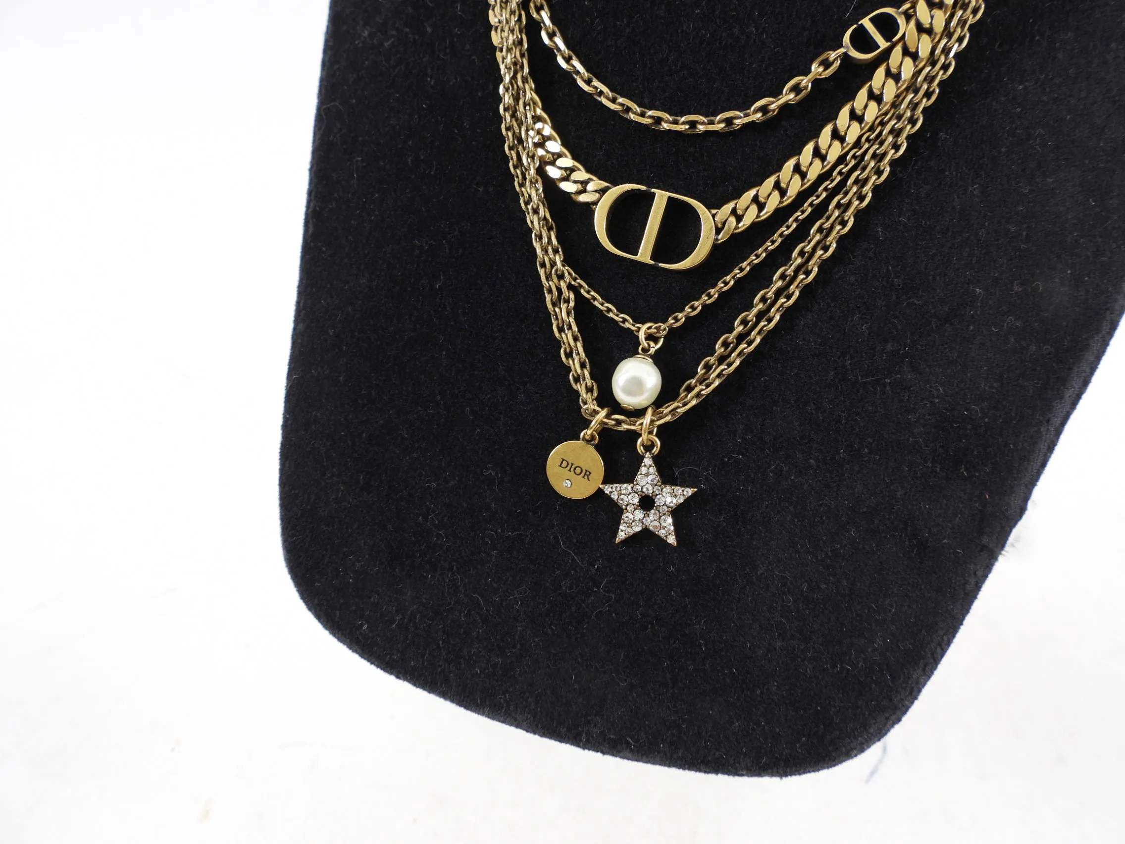 Christian Dior Elegant Brass Multi-Chain Necklace with Iconic CD Logo