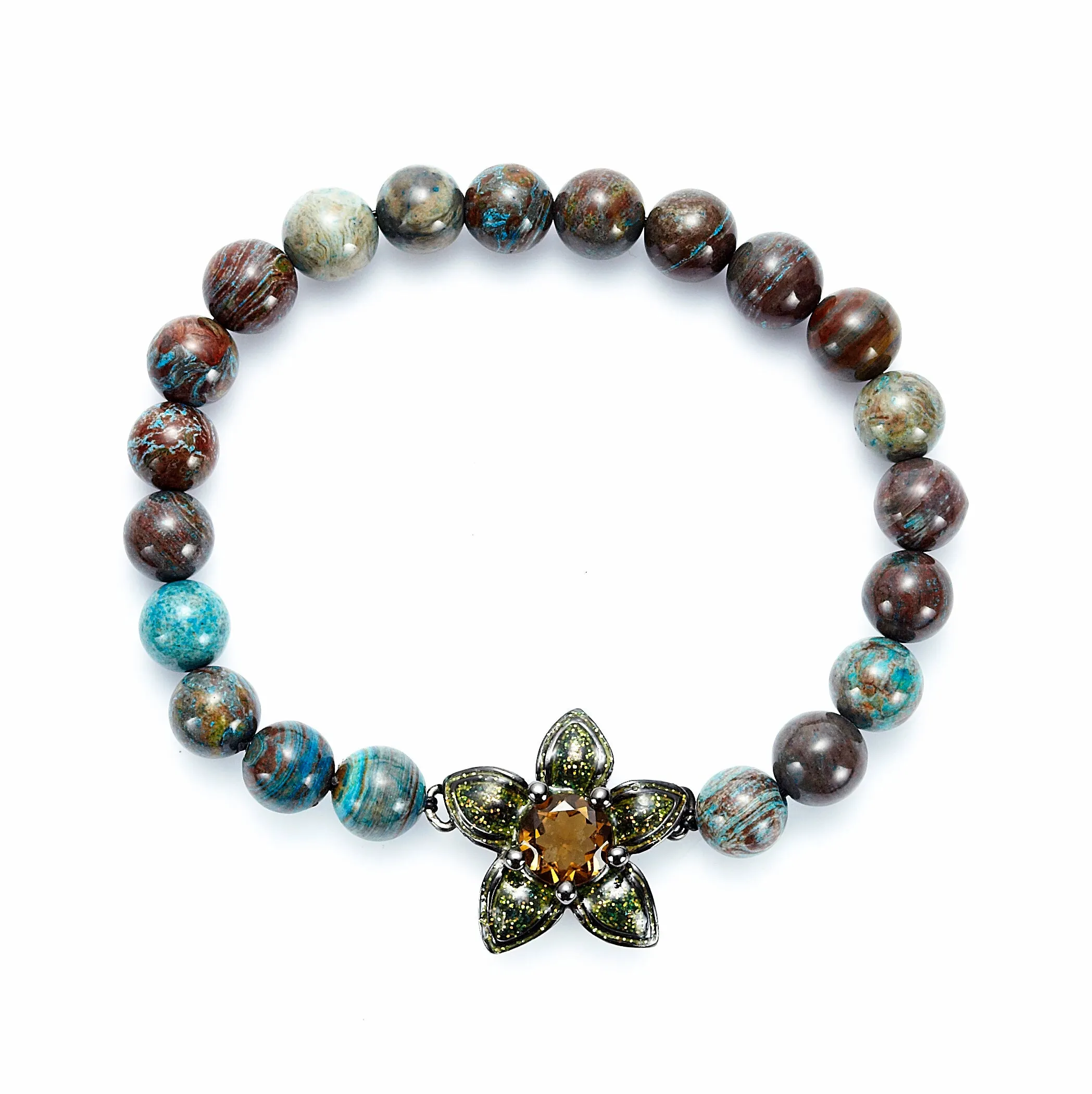 Chrysocolla Beaded Bracelet with Sterling Silver Flower, Warm Glitter Enamel & Cognac Citrine