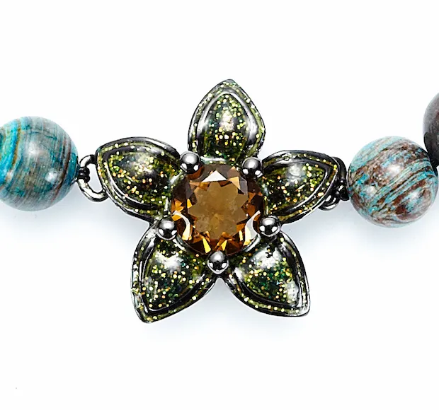 Chrysocolla Beaded Bracelet with Sterling Silver Flower, Warm Glitter Enamel & Cognac Citrine