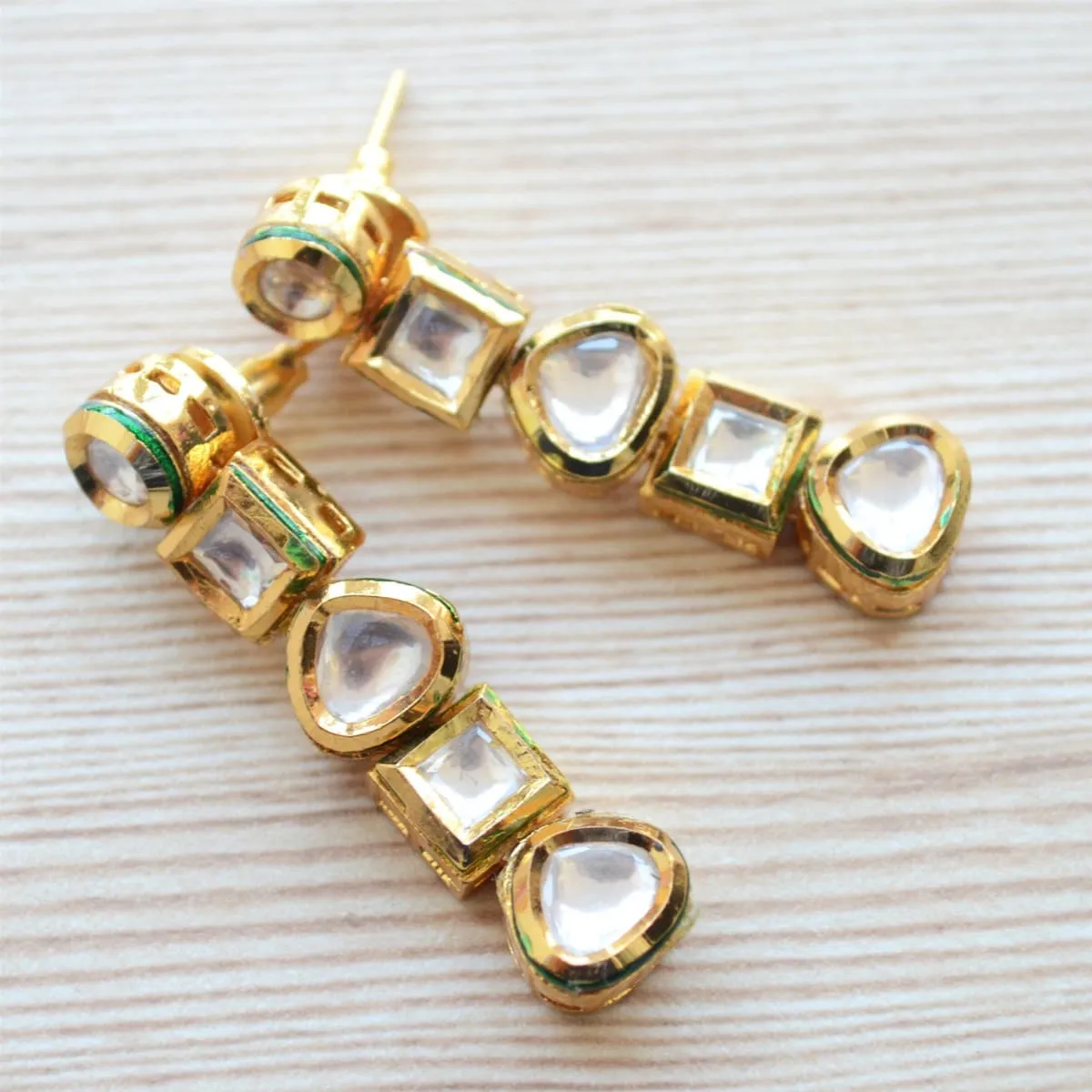 Contemporary Geometric dangle and drop Kundan earrings, modern Indian jewelry