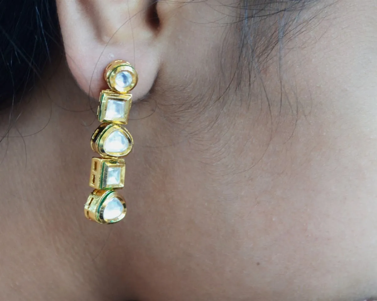 Contemporary Geometric dangle and drop Kundan earrings, modern Indian jewelry