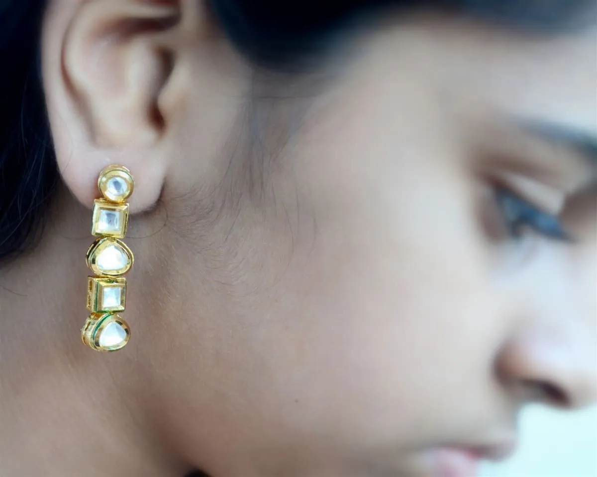 Contemporary Geometric dangle and drop Kundan earrings, modern Indian jewelry