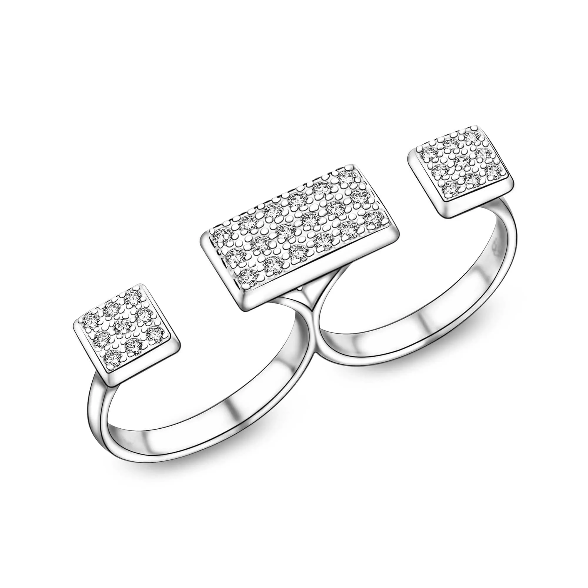 CZ Bar Two Finger Rings Adjustable Double Ring Band Silver