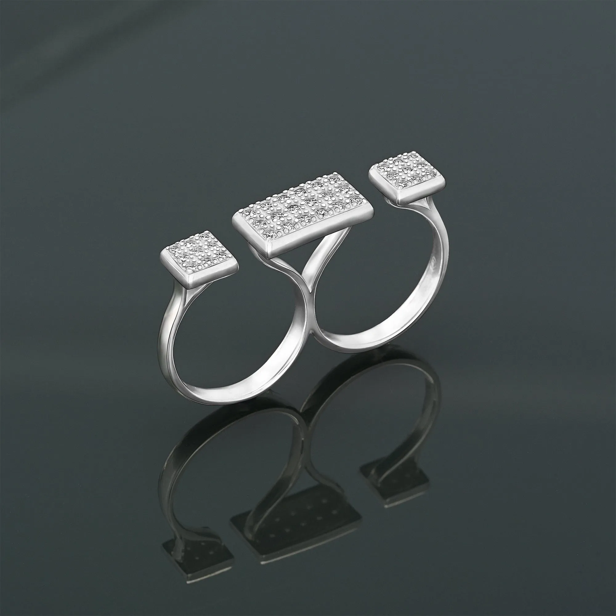 CZ Bar Two Finger Rings Adjustable Double Ring Band Silver